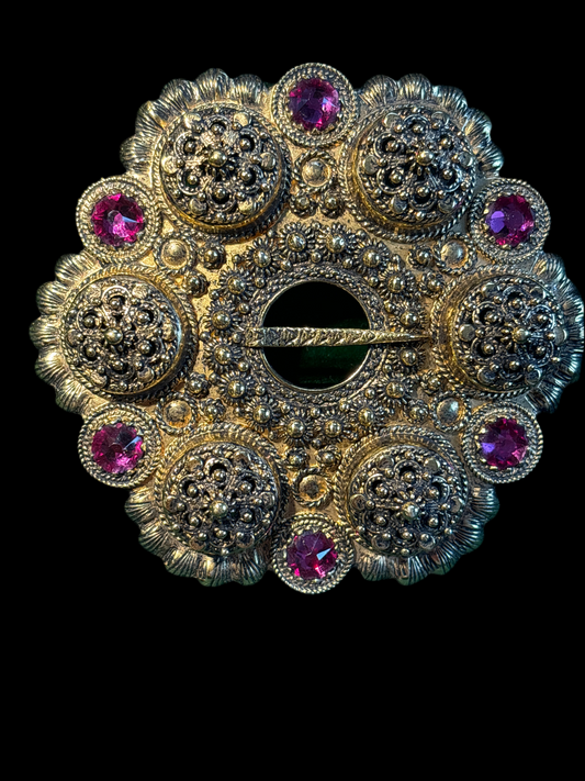 Bolesølje, antikkgylt sølv med rosa sten, nr 24, Ø: 7cm